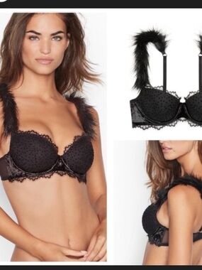 Black fur-Trim Lace Balconette Bra VS
